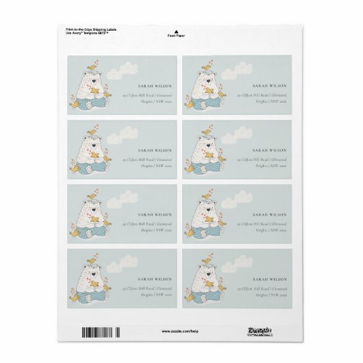 Cute Elegant Aqua Blue Beer Heart Birds Address Etiket (Full Sheet)