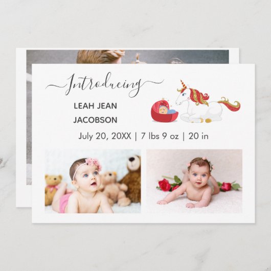 Cute Elegant Baby Photo Birth Announding Unicorn Aankondiging (Voorkant / Achterkant)
