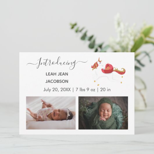 Cute Elegant Baby Photo Birth Announding Unicorn Aankondiging (Staand voorkant)