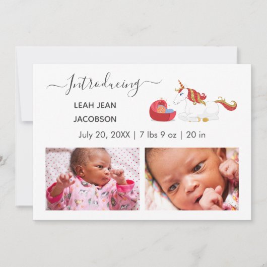 Cute Elegant Baby Photo Birth Announding Unicorn Aankondiging (Voorkant)