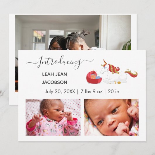 Cute Elegant Baby Photo Birth Announding Unicorn Aankondiging (Voorkant / Achterkant)