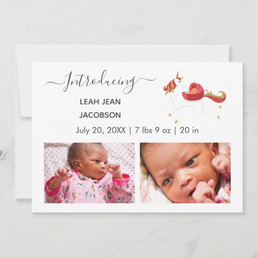 Cute Elegant Baby Photo Birth Announding Unicorn Aankondiging (Voorkant)