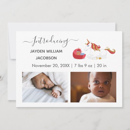 Cute Elegant Baby Photo Birth Announding Unicorn Aankondiging (Voorkant)