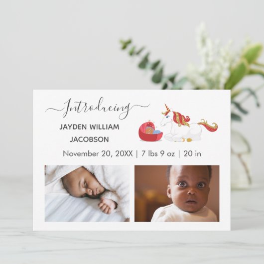 Cute Elegant Baby Photo Birth Announding Unicorn Aankondiging (Staand voorkant)