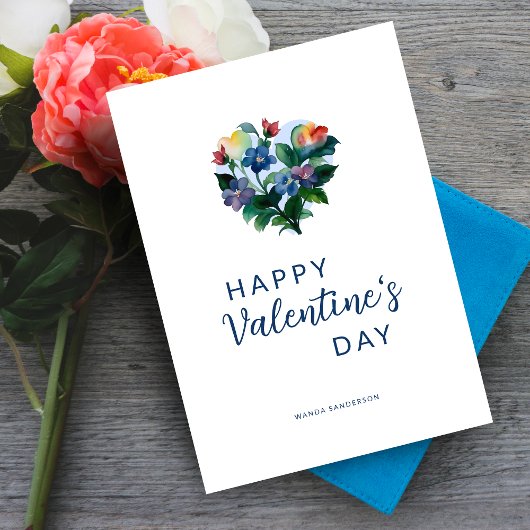 Cute Elegant Blue Shades Colorful Floral Heart  Kaart