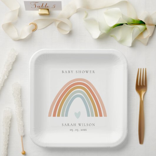 Cute Elegant Blush Blue Heart Rainbow Baby shower Papieren Bordje (Huwelijk)