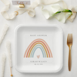 Cute Elegant Blush Blue Heart Rainbow Baby shower Papieren Bordje