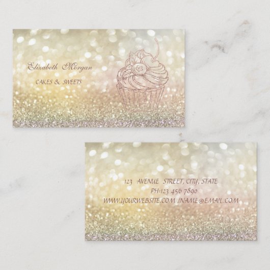 Cute Elegant Bokeh Glitter Cupcake Bakkerij Visitekaartje (Voorkant / Achterkant)