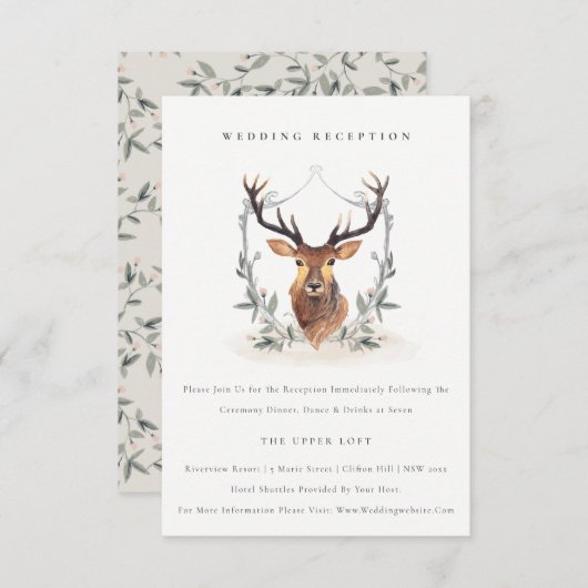 Cute Elegant Deer Floral Crest Wedding Reception Informatiekaartje (Voorkant / Achterkant)