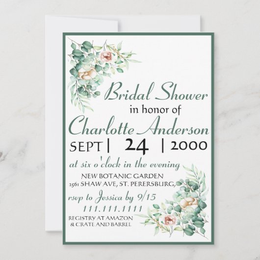 CUTE Elegant Eucalyptus Bridal Shower Invitation Kaart (Voorkant)