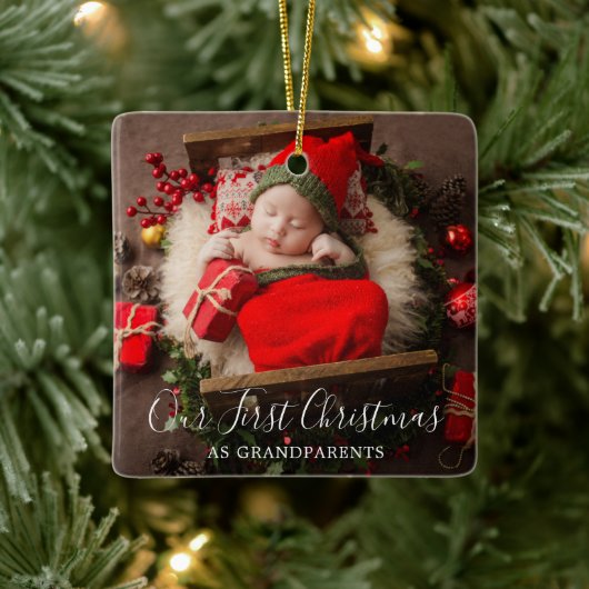 Cute Elegant Foto grootouders Eerste Kerstmis Keramisch Ornament (Boom)