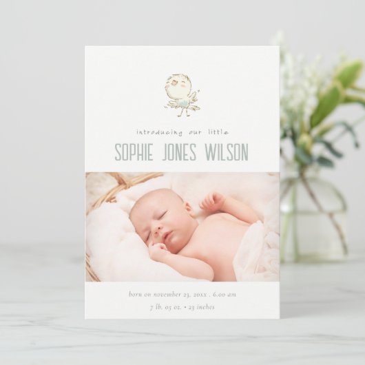 Cute Elegant Pastel Bird Foto geboorteaankondiging Bedankkaart (Staand voorkant)