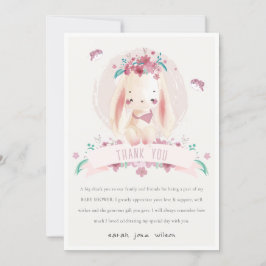 Cute Elegant Pink Floral Bunny & Birds Baby shower Bedankkaart