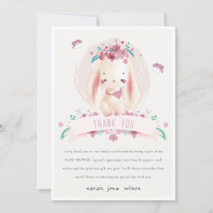 Cute Elegant Pink Floral Bunny & Birds Baby shower Bedankkaart