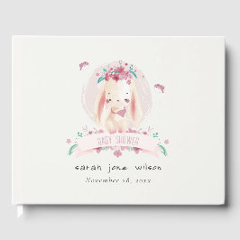 Cute Elegant Pink Floral Bunny & Birds Baby shower Gastenboek