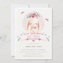 Cute Elegant Pink Floral Bunny & Birds Baby shower