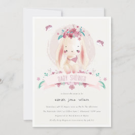 Cute Elegant Pink Floral Bunny & Birds Baby shower Kaart