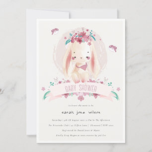 Cute Elegant Pink Floral Bunny & Birds Baby shower Kaart