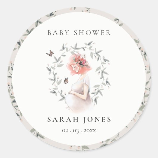 Cute Elegant Protant Women Foliage Baby shower Ronde Sticker (Voorkant)