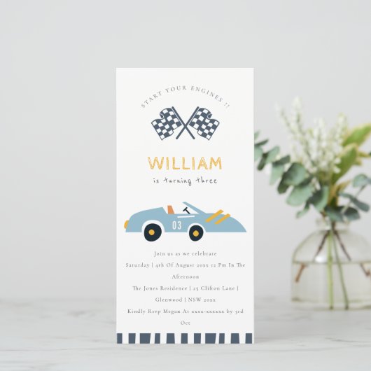 Cute Elegant Race Auto Kinder Elke zondag Uitnodig Bedankkaart (Staand voorkant)