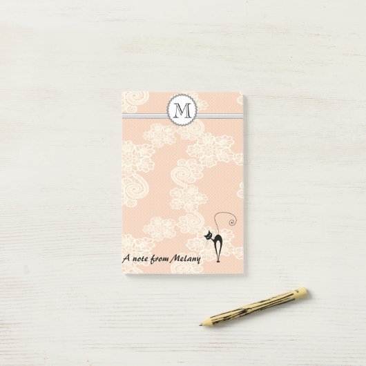 Cute elegant, stijlvol, zwart kattenmonogram post-it® notes (Op bureau)