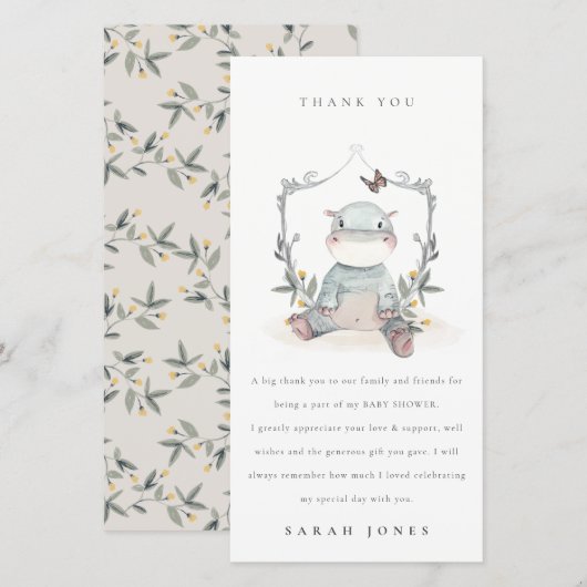 Cute Elegant Yellow Baby Hippo Foliage Baby shower Bedankkaart (Voorkant / Achterkant)