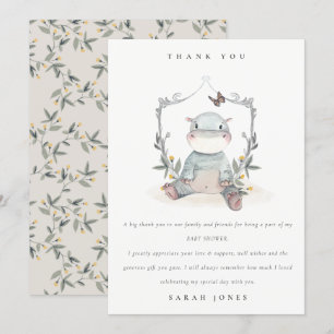 Cute Elegant Yellow Baby Hippo Foliage Baby shower Bedankkaart
