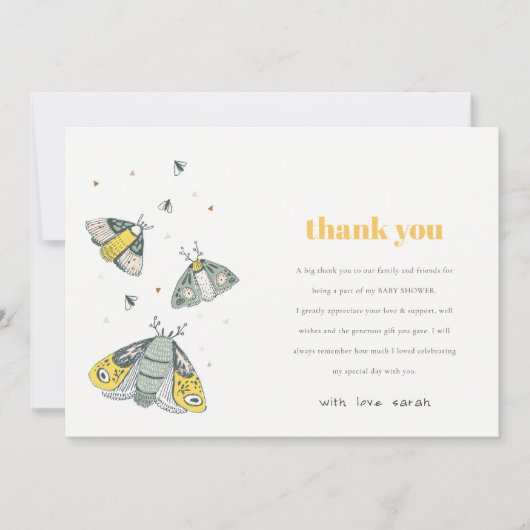 Cute Elegant Yellow Grey Little Bug Baby shower Bedankkaart (Voorkant)