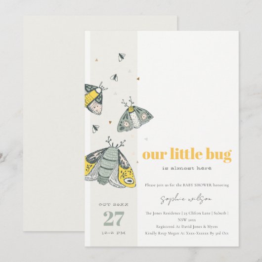 Cute Elegant Yellow Grey Little Bug Baby shower Kaart (Voorkant / Achterkant)