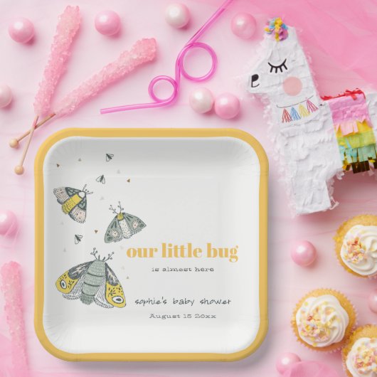 Cute Elegant Yellow Grey Little Bug Baby shower Papieren Bordje (Feest)