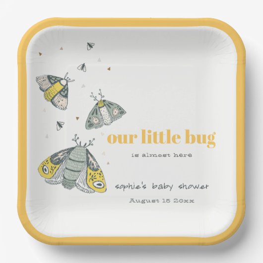 Cute Elegant Yellow Grey Little Bug Baby shower Papieren Bordje (Voorkant)