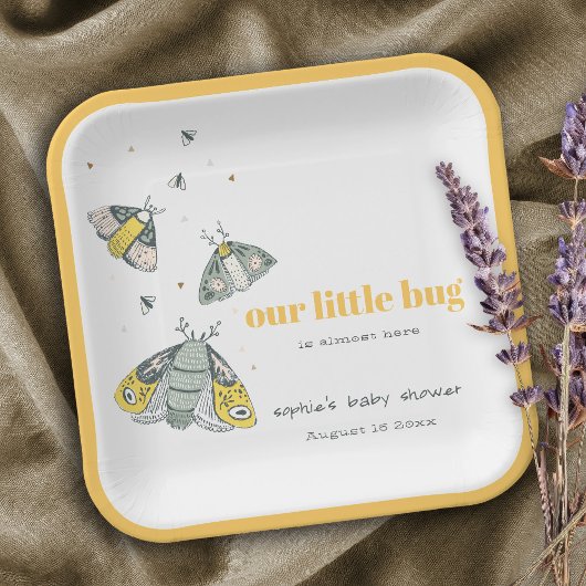Cute Elegant Yellow Grey Little Bug Baby shower Papieren Bordje