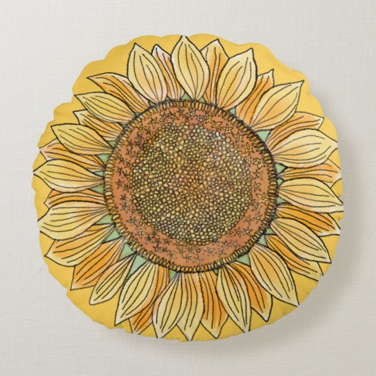 Cute Elegante Boho Boerderij Gele Zonnebloem Kunst Rond Kussen (Voorkant)