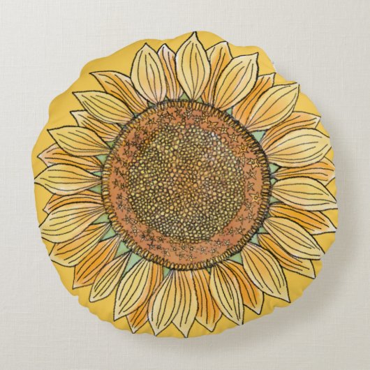 Cute Elegante Boho Boerderij Gele Zonnebloem Kunst Rond Kussen (Achterkant)