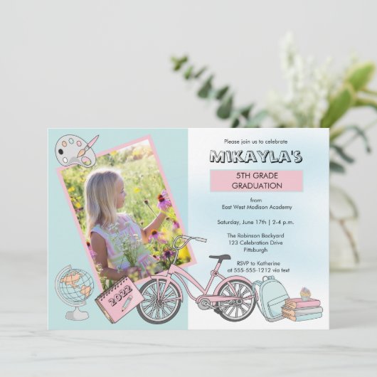 Cute Elementary Photo Girl Graduation Party Kaart (Staand voorkant)