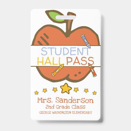 Cute Elementary Student Hall Pass w Crayons Apple Badge (Voorzijde)