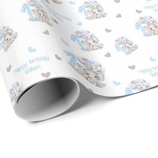 Cute Elephant | 1e verjaardag Boy Blue op maat Cadeaupapier (Rol Hoek)