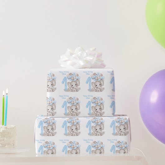 Cute Elephant | 1e verjaardag Boy Blue op maat Cadeaupapier (Feestgeschenken)
