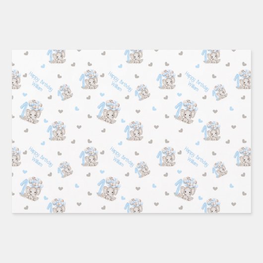 Cute Elephant | 1e verjaardag Boy Blue op maat Inpakpapier Vel (Voorkant)