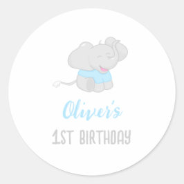 Cute Elephant 1st Birthday Boy Ronde Sticker