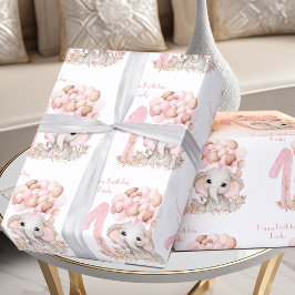 Cute Elephant 1st Birthday Girl Pink Persoonlijk Cadeaupapier