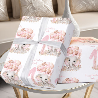 Cute Elephant 1st Birthday Girl Pink Persoonlijk Cadeaupapier