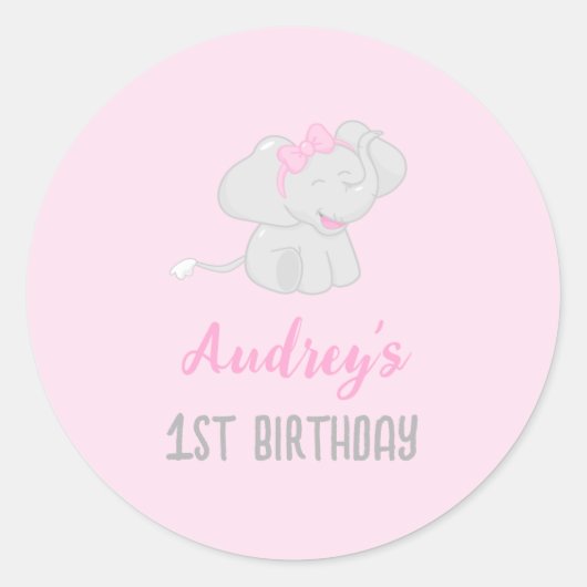 Cute Elephant 1st Birthday roze Ronde Sticker (Voorkant)