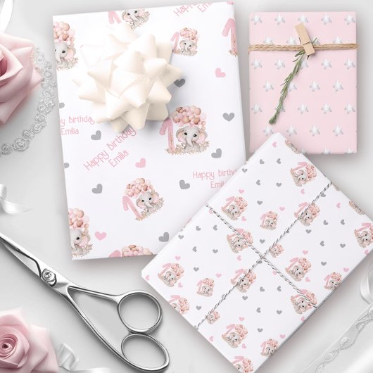 Cute Elephant | 1ste verjaardag meisje op maat Inpakpapier Vel