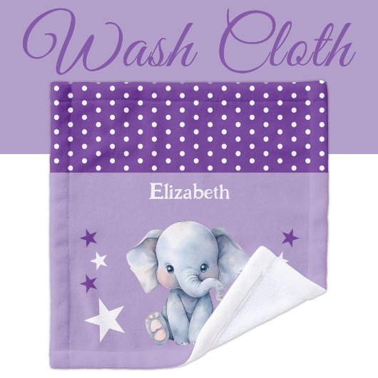 Cute elephant add name polka dots stars purple washandje