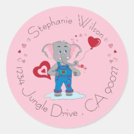 Cute Elephant and Hearts Pink Envelope Seals Ronde Sticker