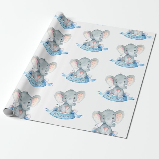 Cute Elephant Baby Boy Blue en Grey Cadeaupapier (Uitgerold)