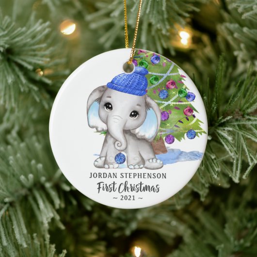 Cute Elephant Baby Boy eerste kerstfoto Keramisch Ornament (Boom)
