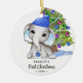 Cute Elephant Baby Boy eerste kerstfoto Keramisch Ornament (Voorkant)