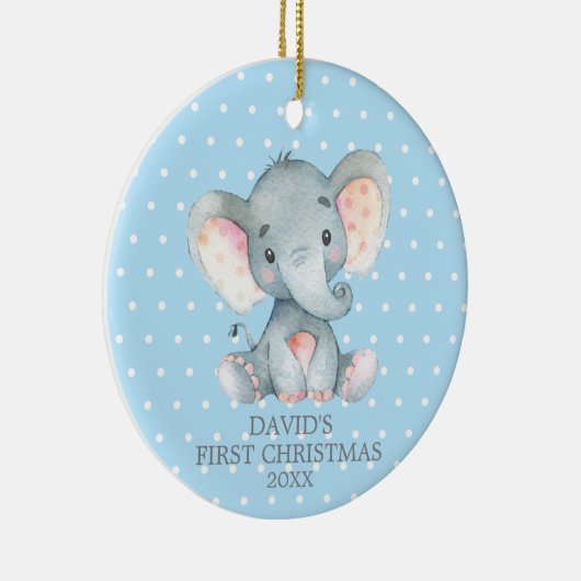 Cute Elephant Baby Boy First KerstBlue Keramisch Ornament (Rechts)